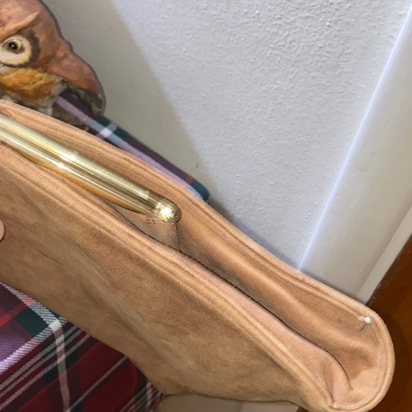 Vintage 60s - Taupe/Tan Suede Satchel - gold tone rim- acetate lining - Picture 7 of 12